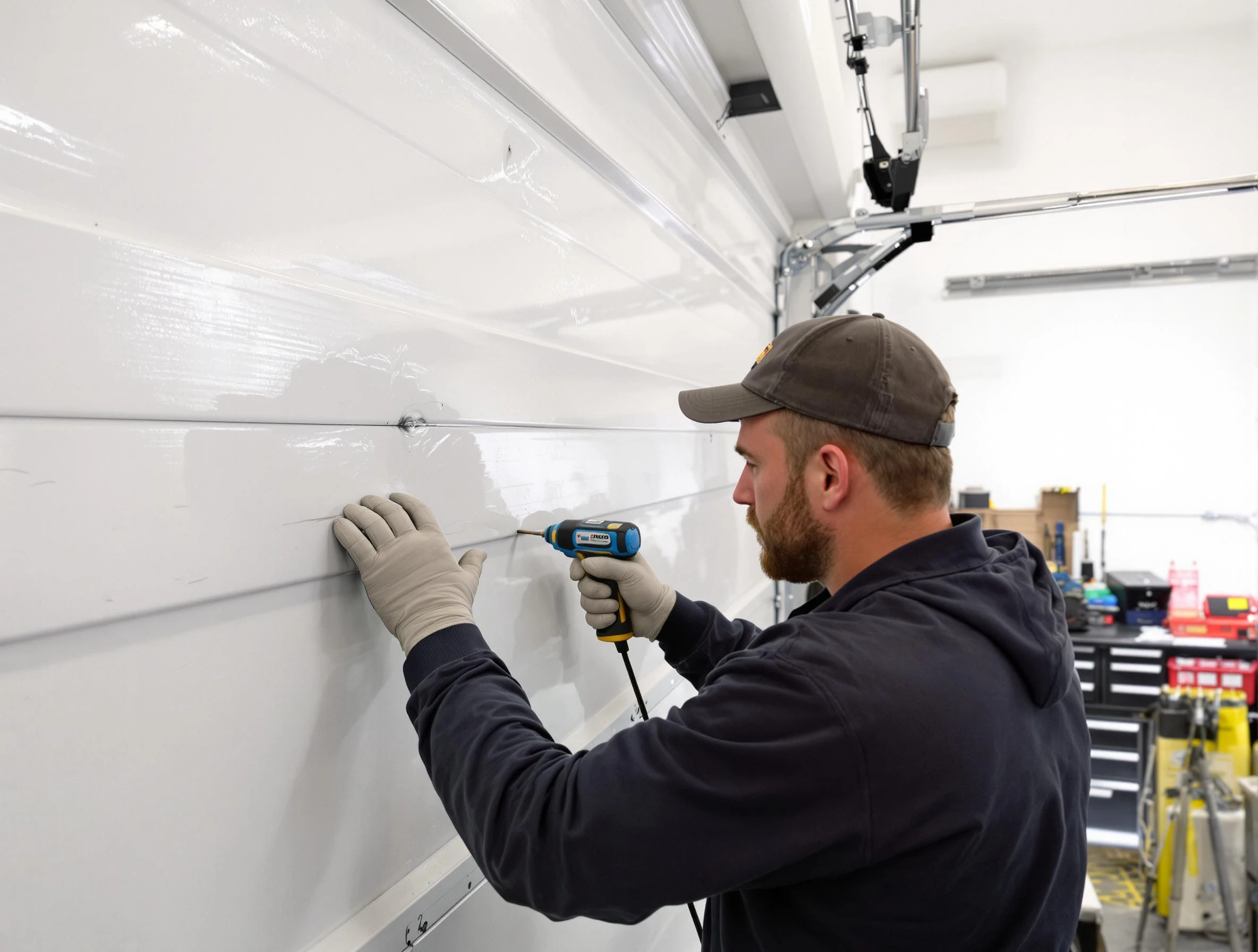 Youngtown Garage Door Repair technician demonstrating precision dent removal techniques on a Youngtown garage door